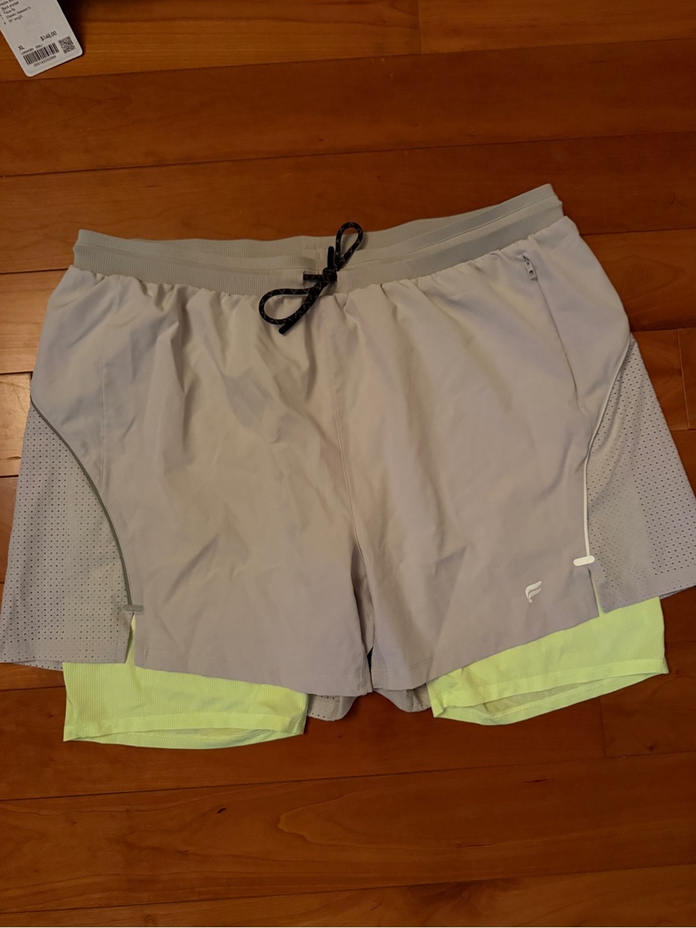 Fila Men's Light Gray Athletic 2-in-1 Shorts with Neon Yellow Liner